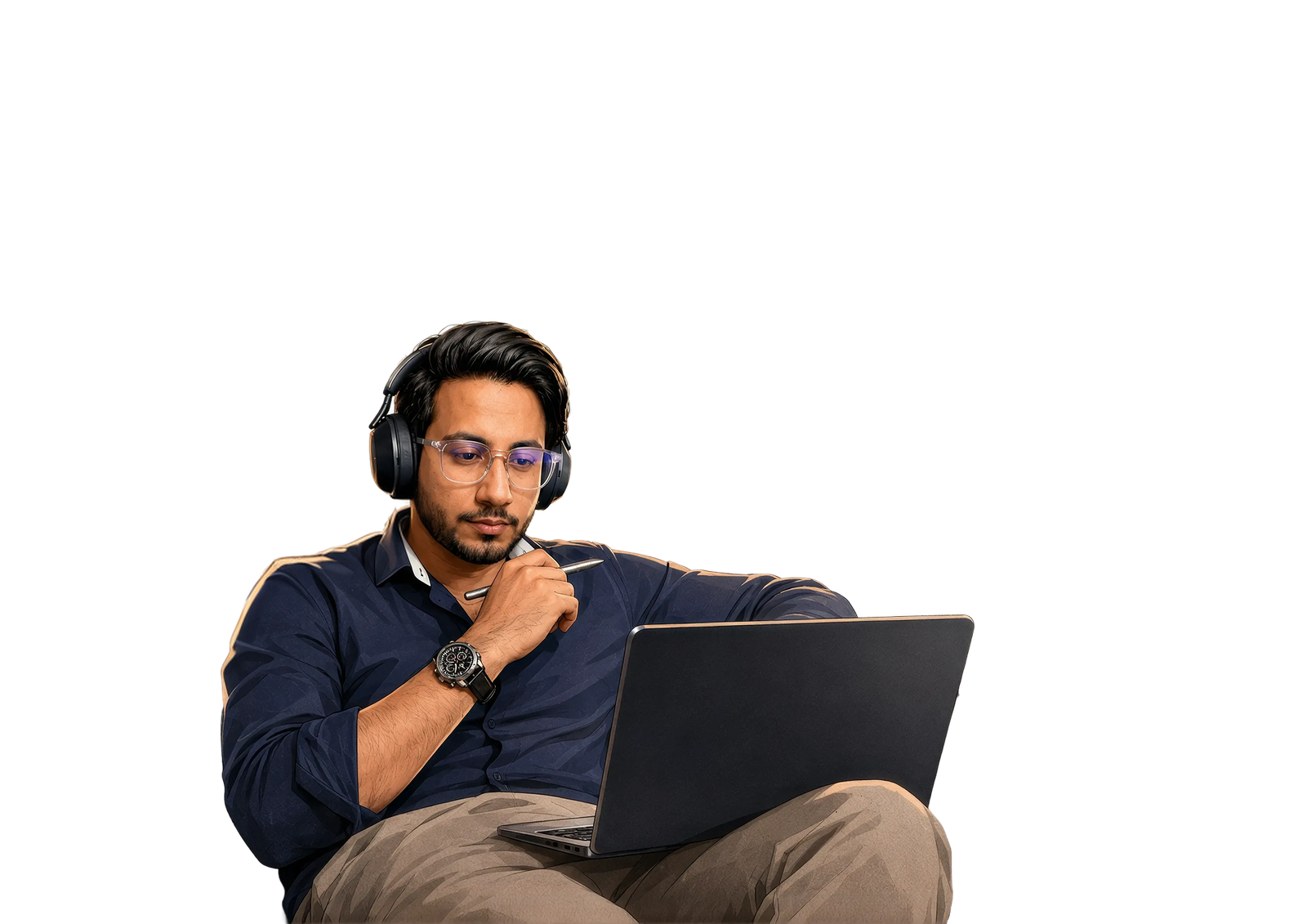 Maisam Abbas working on a laptop, wearing headphones