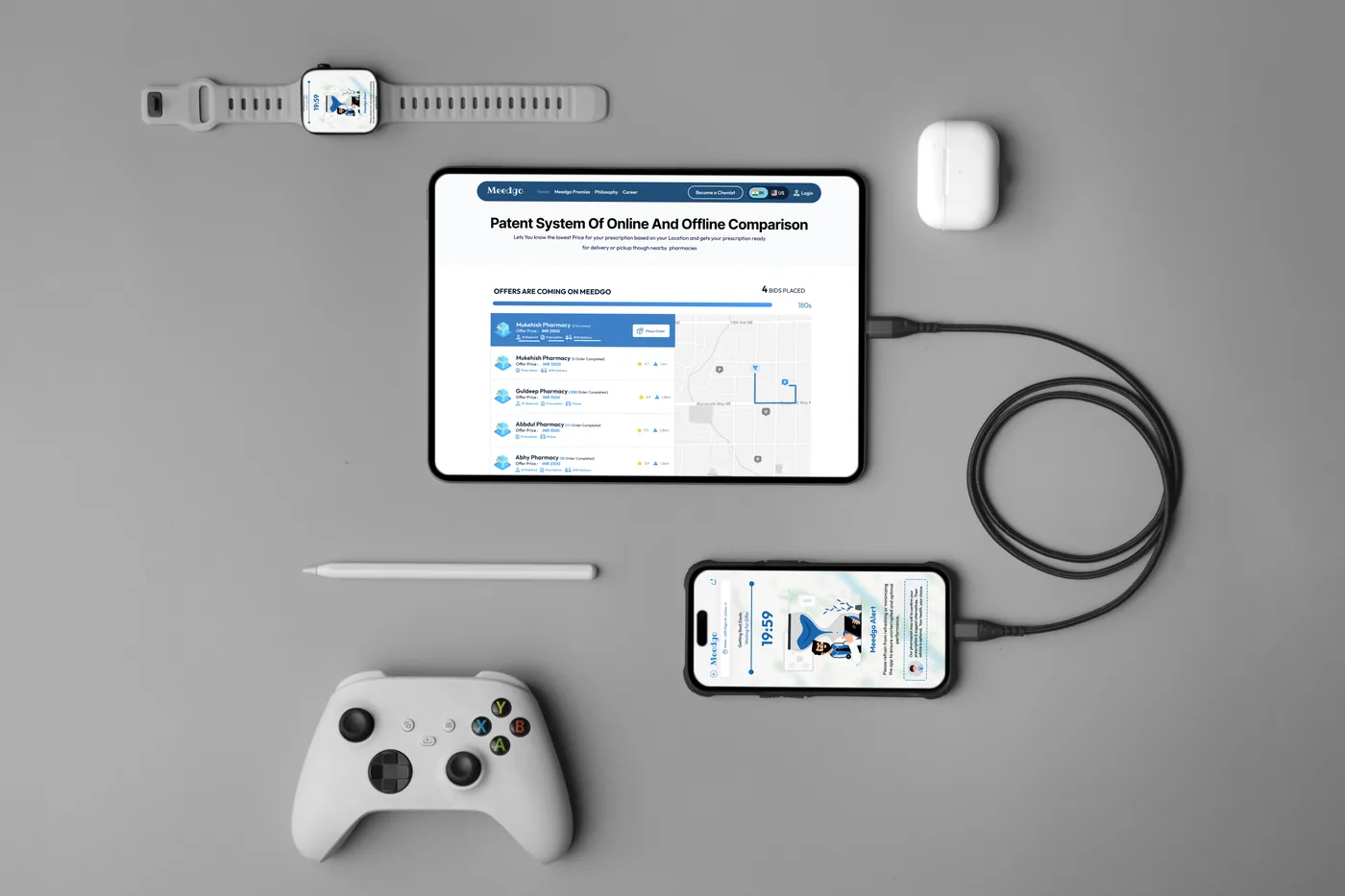 Meedgo pharmacy comparison app on a tablet, phone and watch